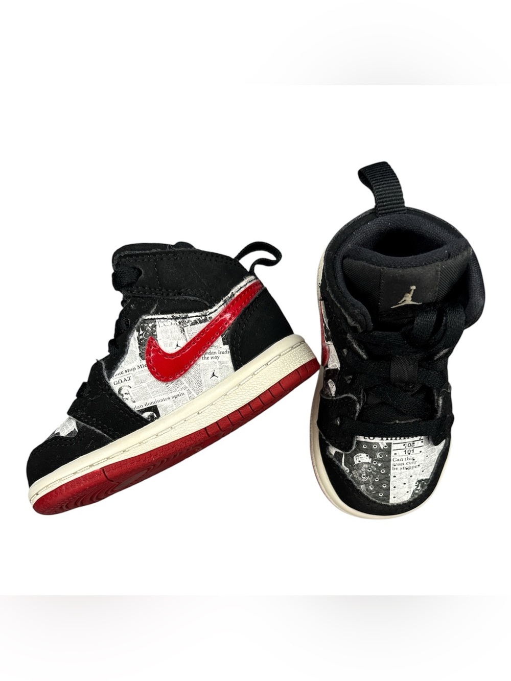 Baby Jordan’s | Mid Top | Red & Black “Newspaper Air Times”  | Toddler 4 C